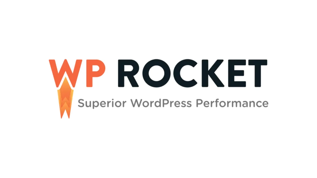Logotipo do WP Rocket, com um foguete laranja e texto preto.